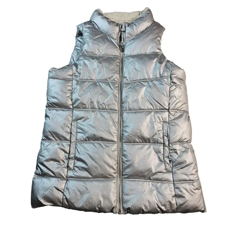 Metallic silver shiny girls XL (16) Puffer jacket vest holiday warm Christmas